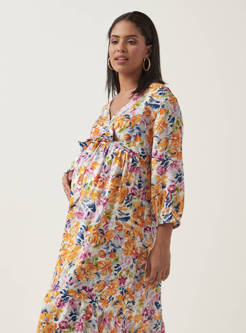All-Over Floral Print Maternity Wrap Dress with Belt Tie-Ups-Midi-image-1