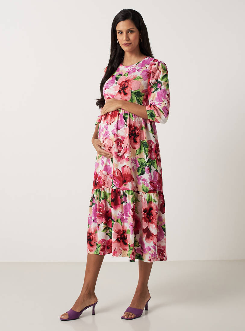 All-Over Floral Print Tiered Maternity Dress with 3/4 Sleeves-Midi-image-0