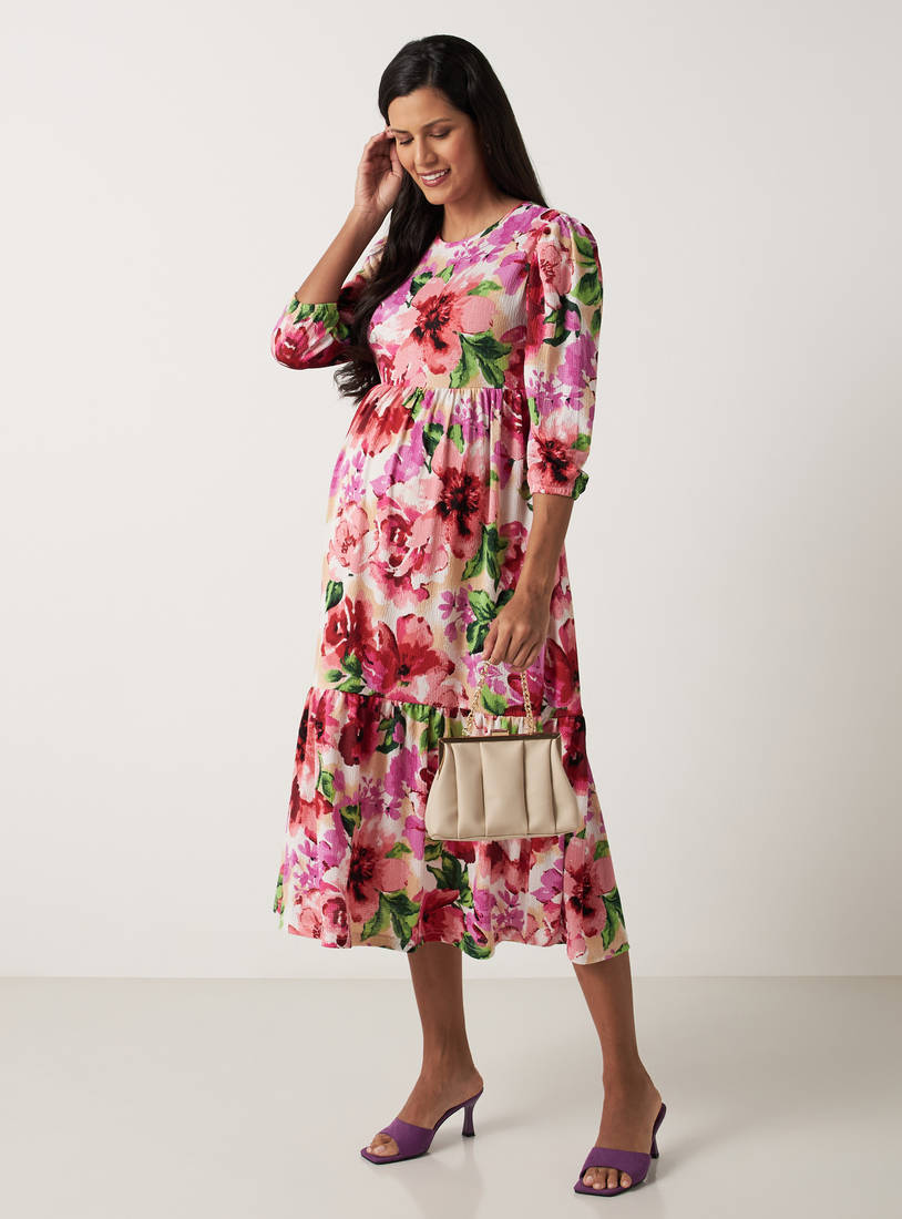All-Over Floral Print Tiered Maternity Dress with 3/4 Sleeves-Midi-image-1