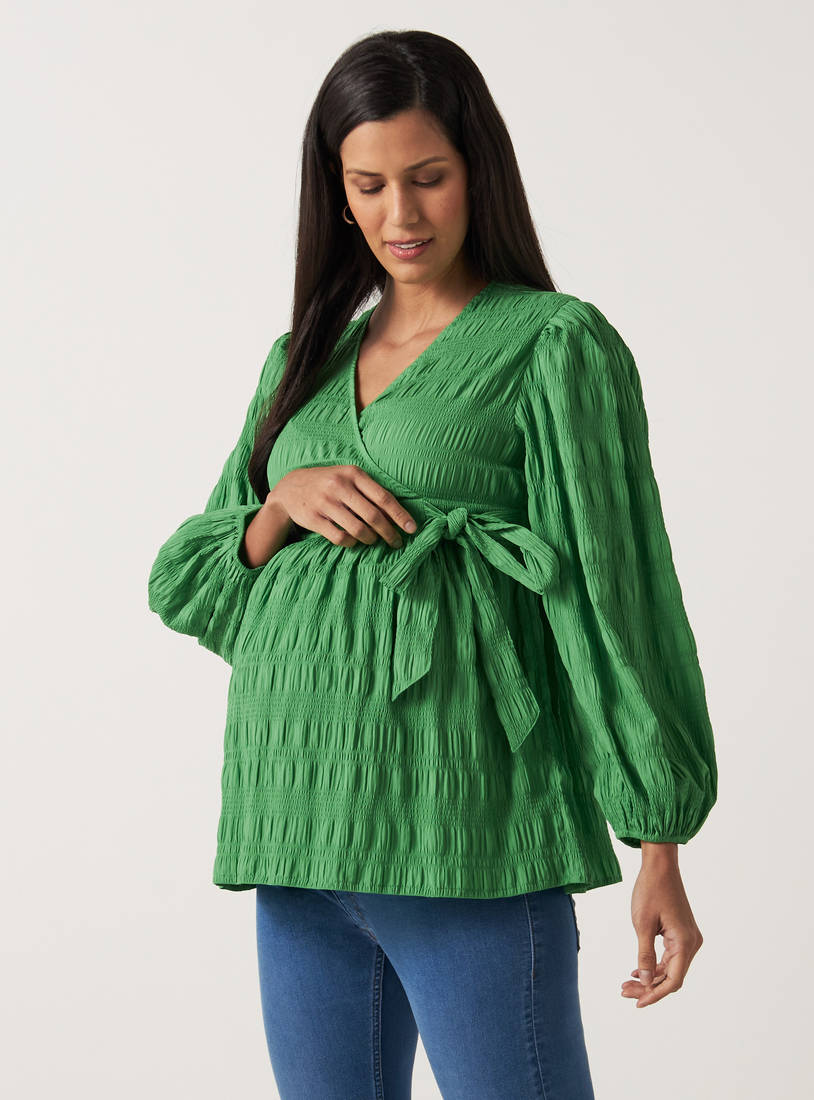 Crinkled Maternity Wrap Top with Long Sleeves and Tie-Up Belt-Tops & T-shirts-image-0