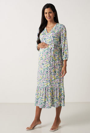 All-Over Floral Print Wrap Maternity Dress with 3/4 Sleeves and Tie-Up Belt