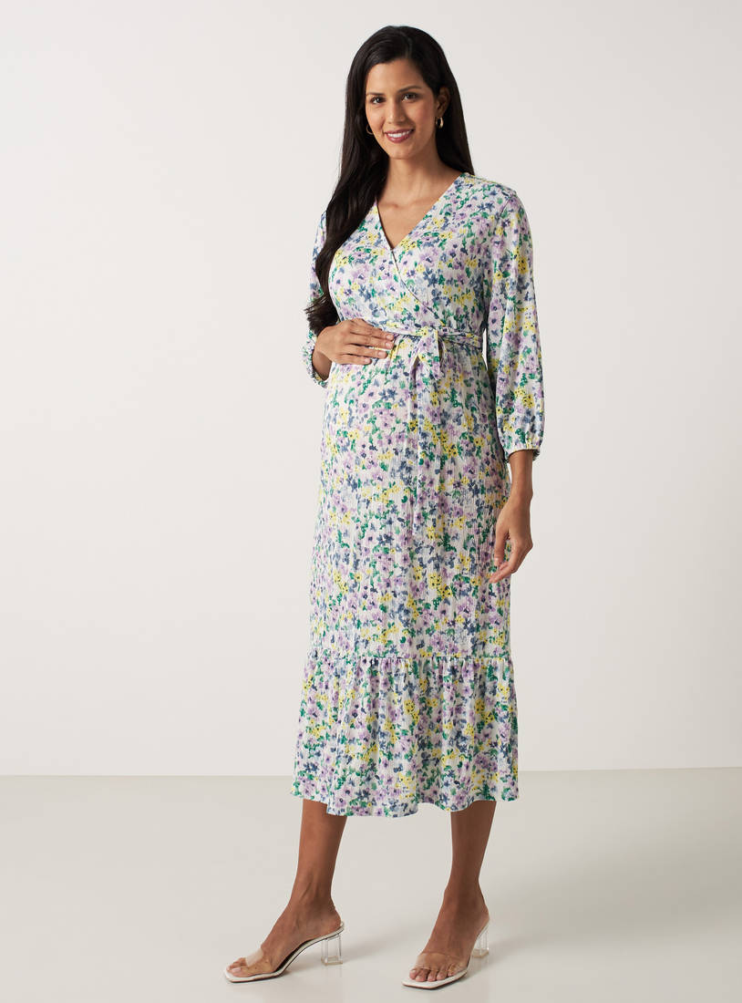 All-Over Floral Print Wrap Maternity Dress with 3/4 Sleeves and Tie-Up Belt-Midi-image-0