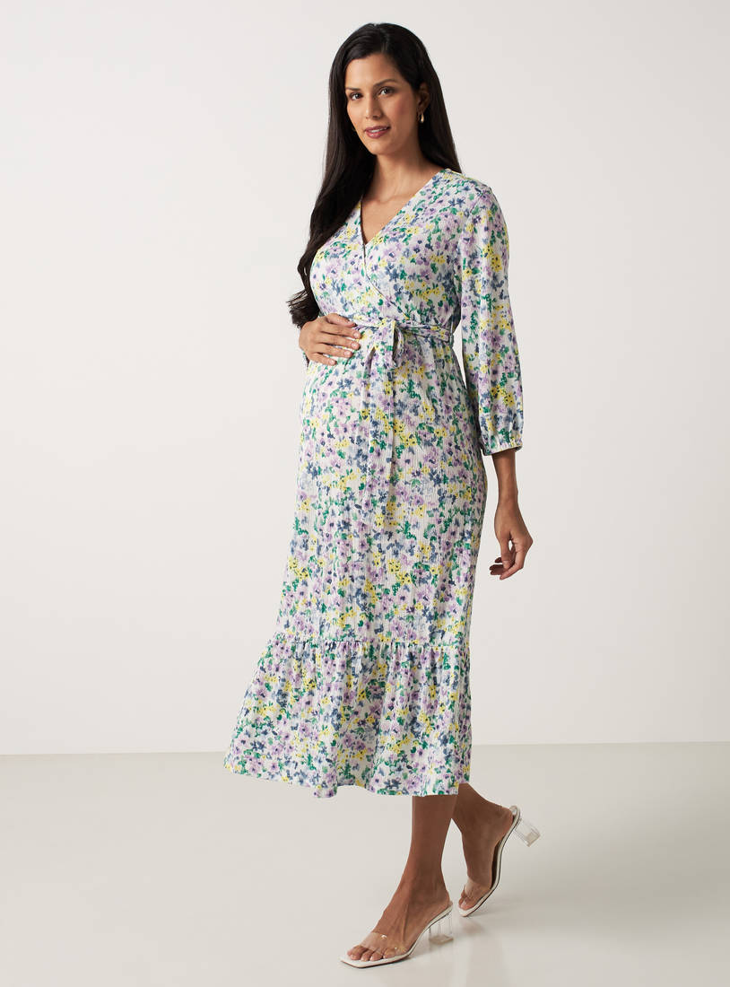 All-Over Floral Print Wrap Maternity Dress with 3/4 Sleeves and Tie-Up Belt-Midi-image-1