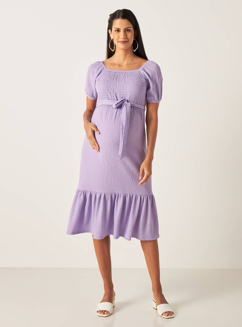 Textured Maternity Midi Dress with Tie-Up Belt and Shirred Detail-Midi-image-0