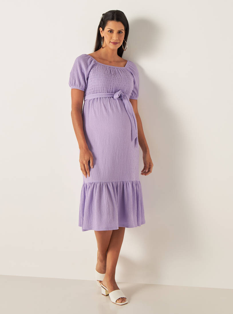 Textured Maternity Midi Dress with Tie-Up Belt and Shirred Detail-Midi-image-1