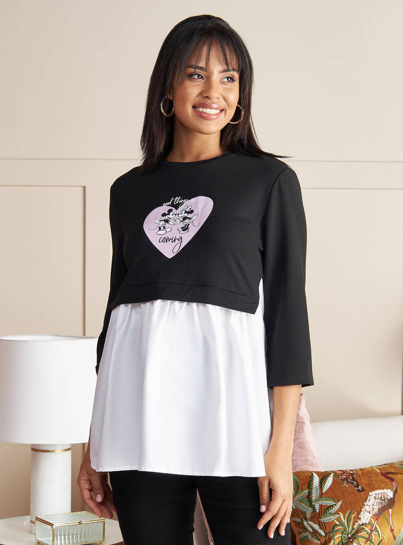 Minnie Mouse and Daisy Duck Print 2-in-1 Top with Round Neck and 3/4 Sleeves-Tops & T-shirts-image-0