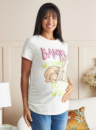 Bambi Print Ruched Maternity T-shirt with Short Sleeves-Tops & T-shirts-image-0