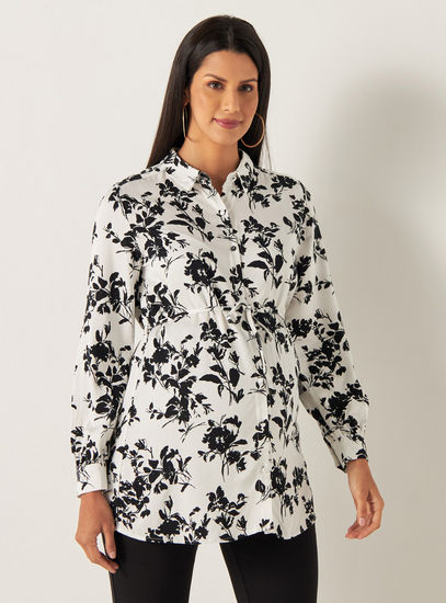 All Over Floral Print Maternity Rayon Shirt with Long Sleeves and Tie-Ups-Tops & T-shirts-image-0