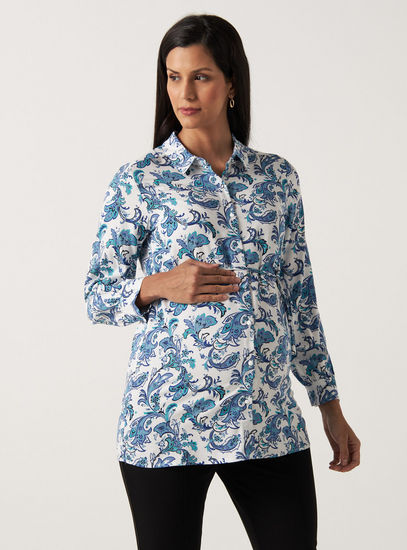 All Over Floral Print Maternity Rayon Shirt with Long Sleeves and Tie-Ups-Tops & T-shirts-image-0