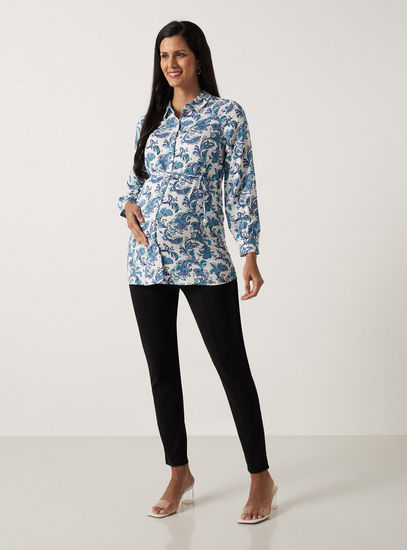 All Over Floral Print Maternity Rayon Shirt with Long Sleeves and Tie-Ups-Tops & T-shirts-image-1