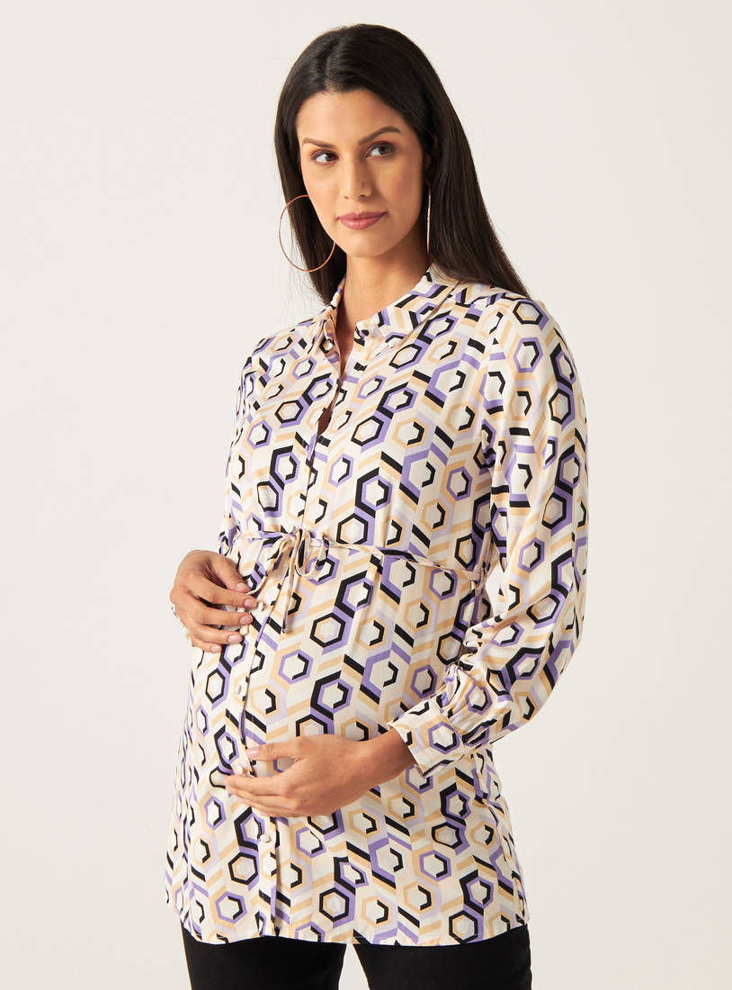All Over Print Maternity Rayon Shirt with Long Sleeves and Tie-Ups-Tops & T-shirts-image-0