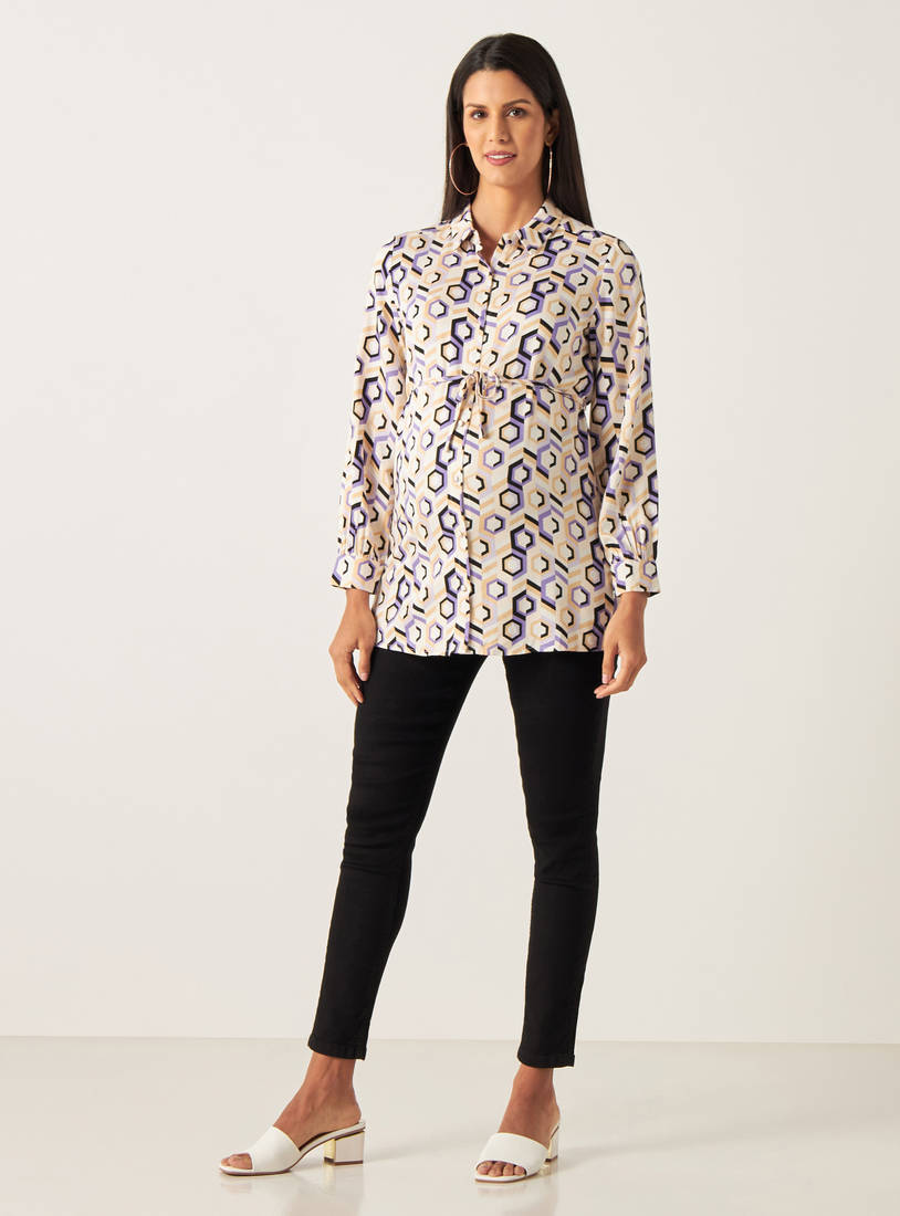 All Over Print Maternity Rayon Shirt with Long Sleeves and Tie-Ups-Tops & T-shirts-image-1