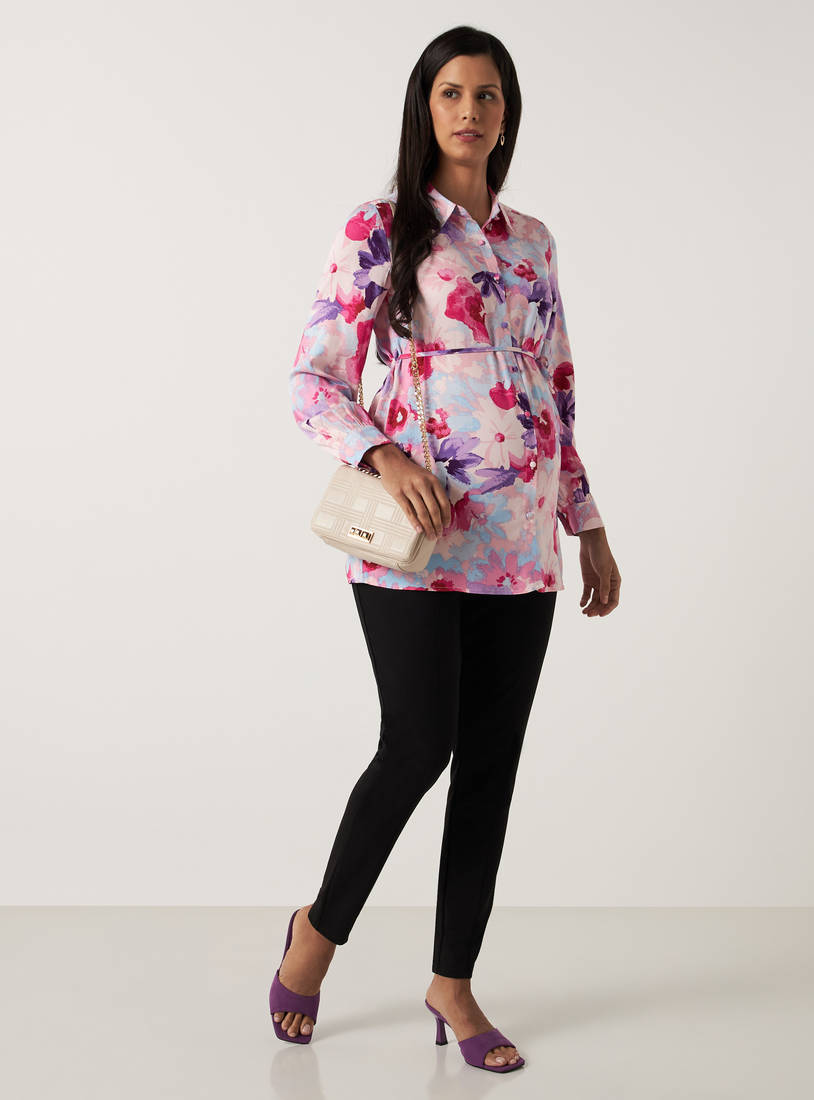 All Over Floral Print Maternity Rayon Shirt with Long Sleeves and Tie-Ups-Tops & T-shirts-image-1