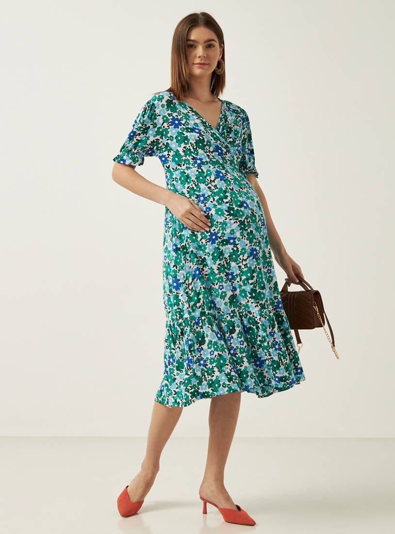 All-Over Floral Print Maternity Wrap Dress-Midi-image-1