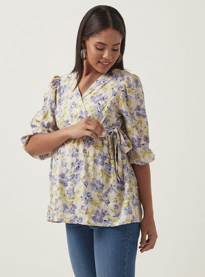 All-Over Floral Print Maternity Wrap Top with Tie-Ups-Tops & T-shirts-image-0