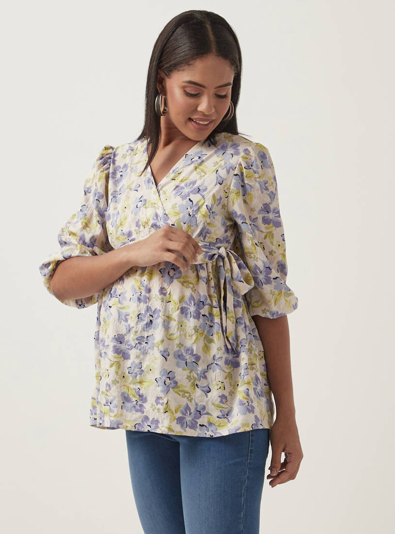 All-Over Floral Print Maternity Wrap Top with Tie-Ups-Tops & T-shirts-image-0