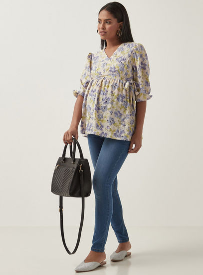 All-Over Floral Print Maternity Wrap Top with Tie-Ups-Tops & T-shirts-image-1