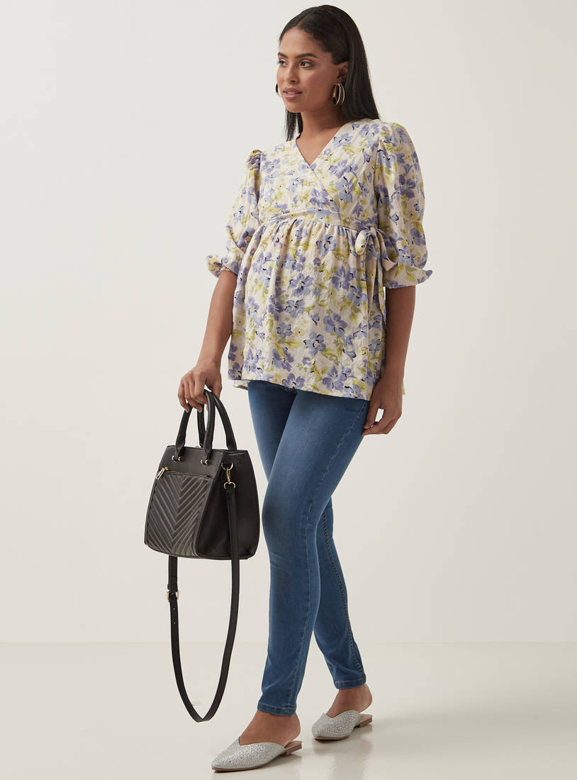 All-Over Floral Print Maternity Wrap Top with Tie-Ups-Tops & T-shirts-image-1