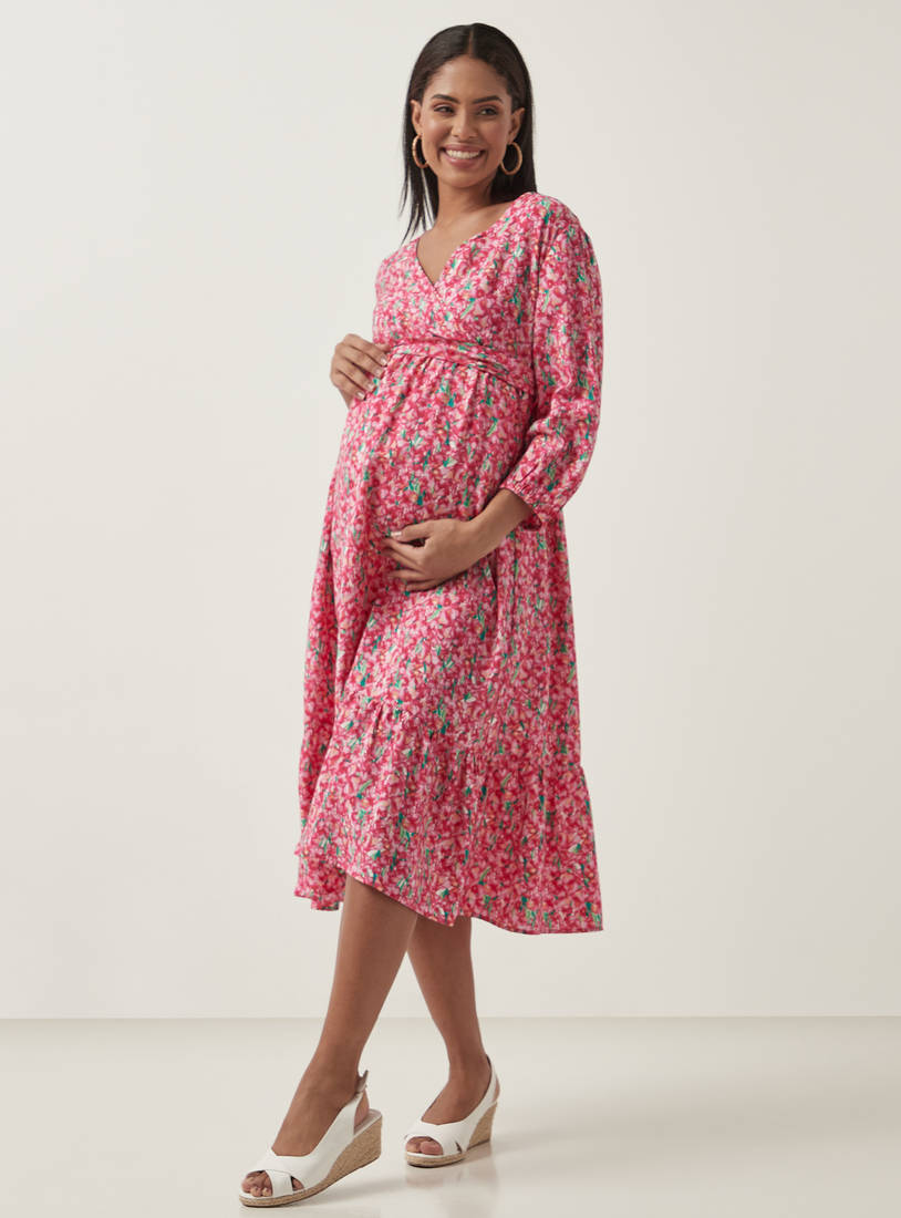All-Over Floral Print Maternity Wrap Dress with Belt Tie-Ups-Midi-image-0