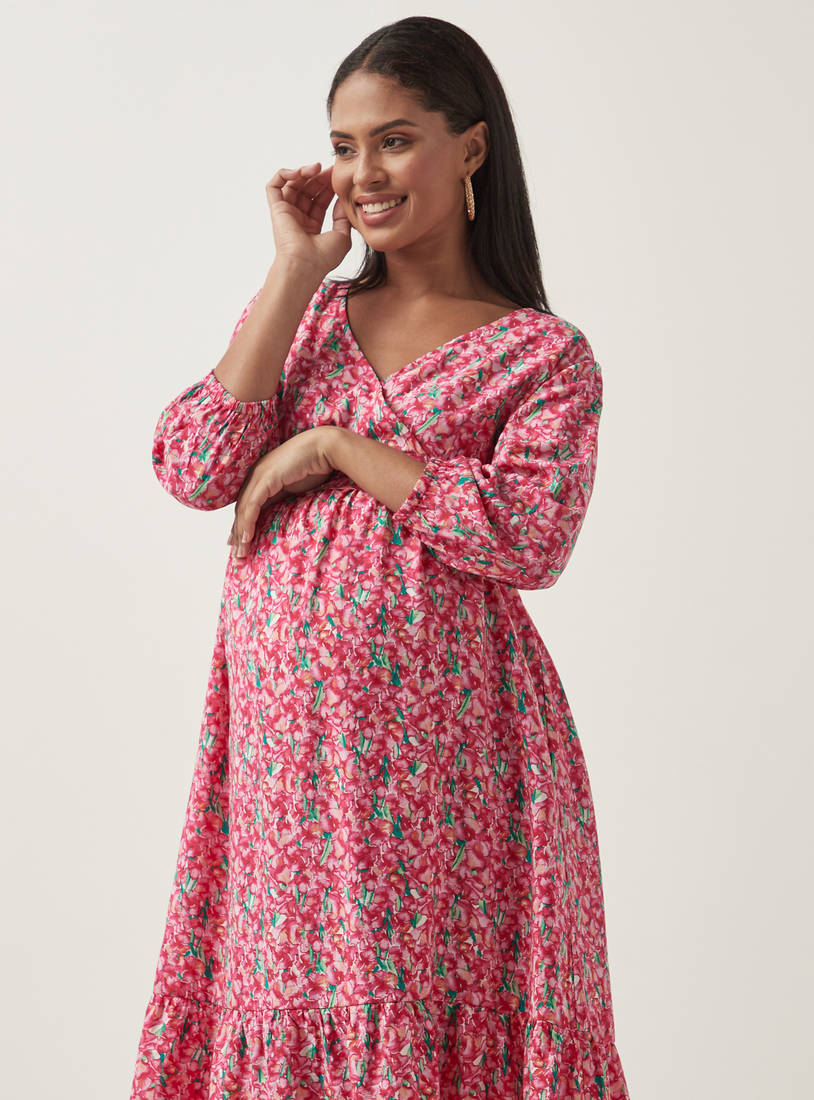 All-Over Floral Print Maternity Wrap Dress with Belt Tie-Ups-Midi-image-1