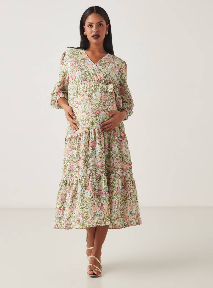 All-Over Floral Print Maternity Wrap Dress with Tie-Ups-Midi-image-0