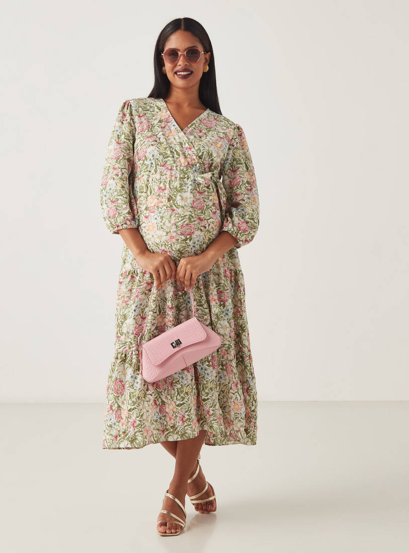 All-Over Floral Print Maternity Wrap Dress with Tie-Ups-Midi-image-1