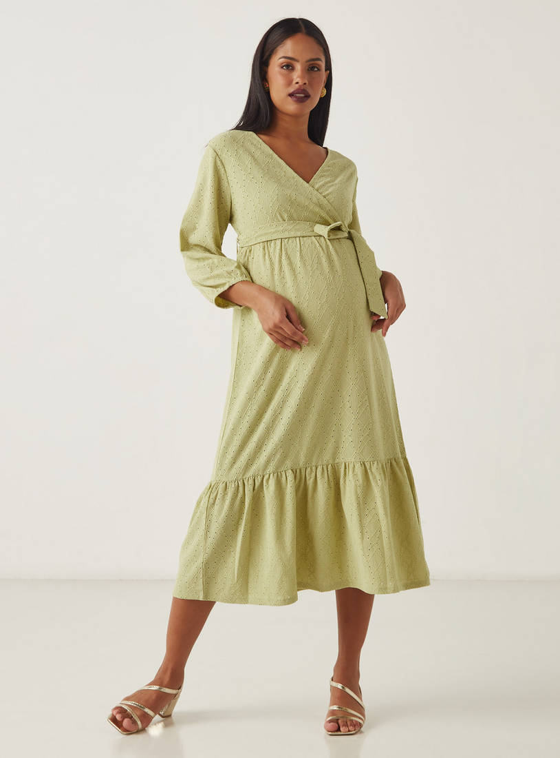 Embroidered Maternity Wrap Dress with Tie-Ups-Midi-image-0