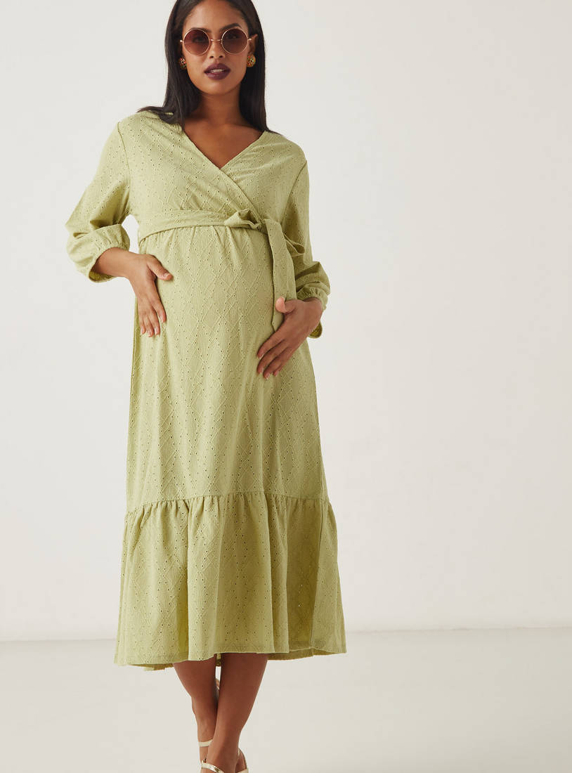 Embroidered Maternity Wrap Dress with Tie-Ups-Midi-image-1