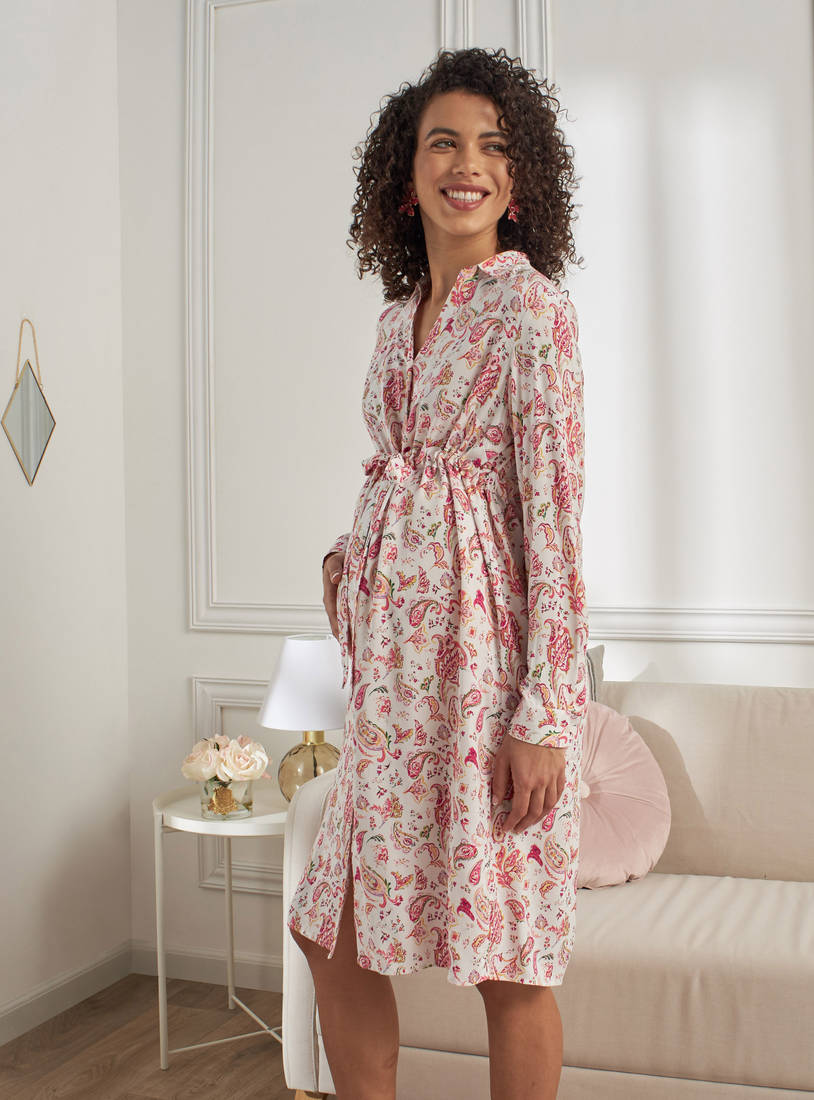 All-Over Print Maternity Shirt Dress with Drawstring Waist-Knee-image-0