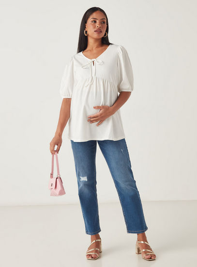 Textured Peplum Maternity Top with Tie-Ups-Tops & T-shirts-image-1