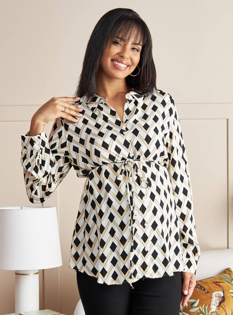 All-Over Print Rayon Maternity Shirt with Tie-Up Belt-Tops & T-shirts-image-0
