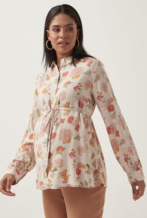 All-Over Floral Print Rayon Maternity Shirt with Tie-Up Belt-mxwomen-clothing-maternityclothing-topsandtshirts-2