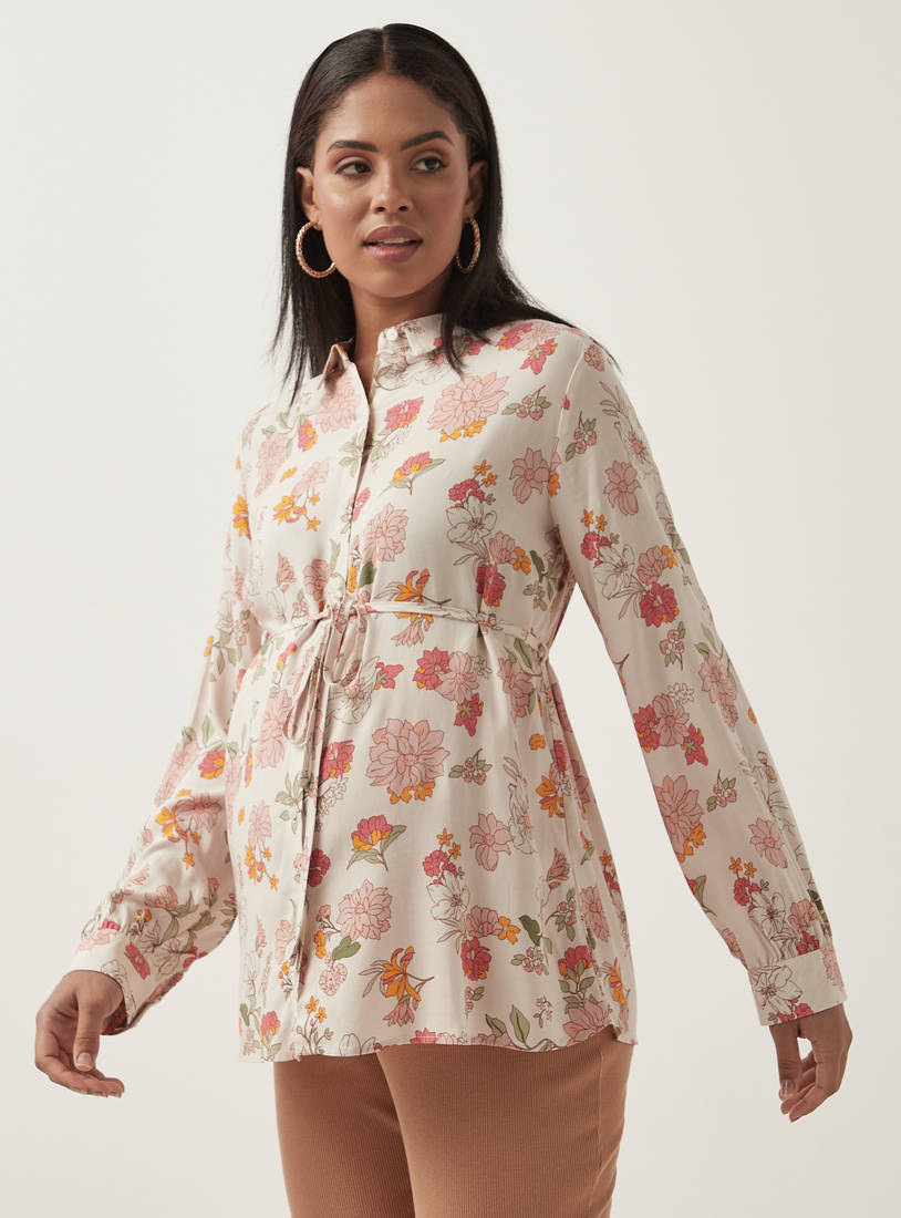 All-Over Floral Print Rayon Maternity Shirt with Tie-Up Belt-Tops & T-shirts-image-0