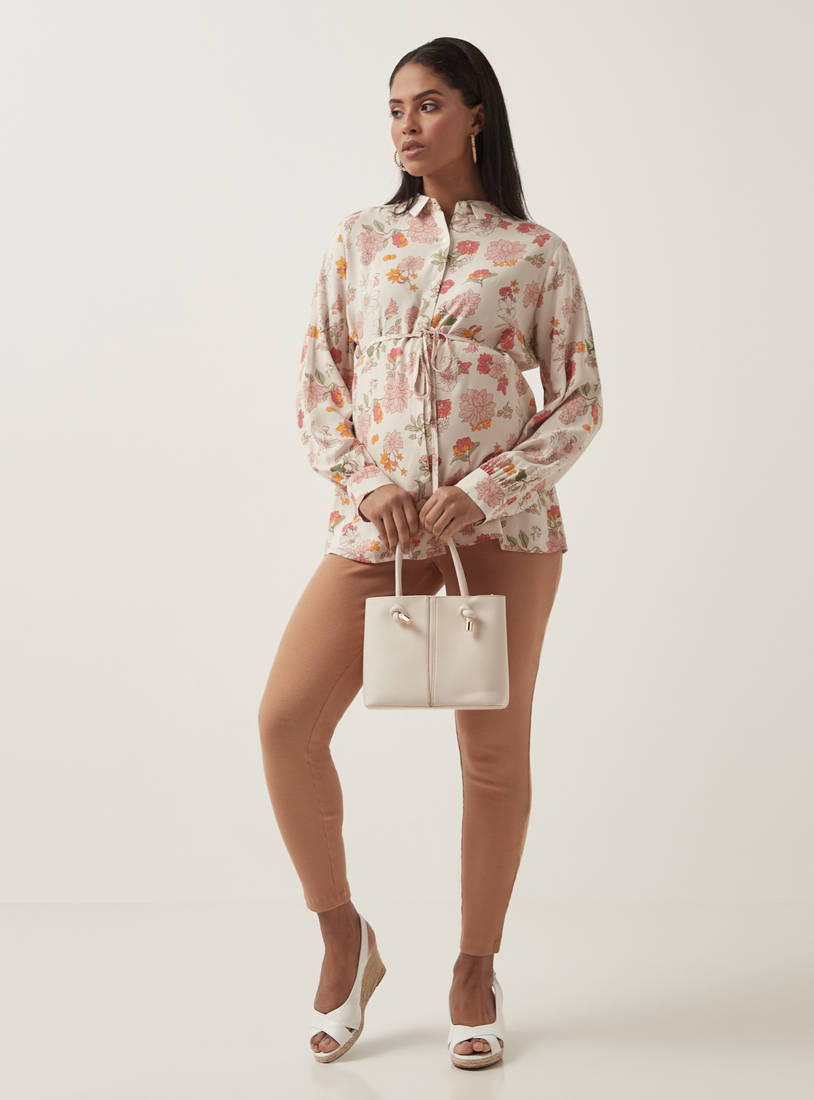 All-Over Floral Print Rayon Maternity Shirt with Tie-Up Belt-Tops & T-shirts-image-1
