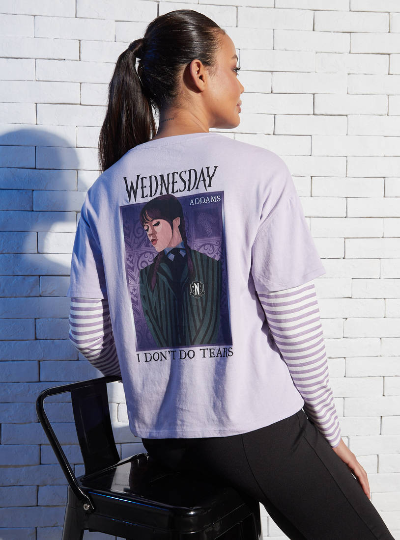 Wednesday Addams Print T-shirt with Striped Long Doctor Sleeves-T-shirts & Vests-image-0