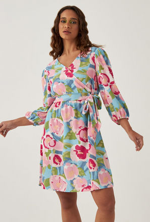 Printed Wrap Dress with Tie-Ups