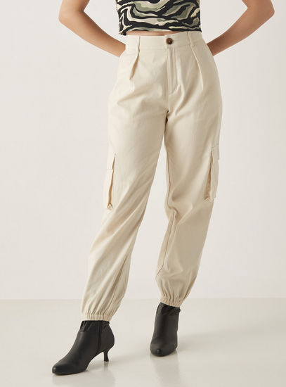 Solid Cargo Pants with Button Closure and Pockets