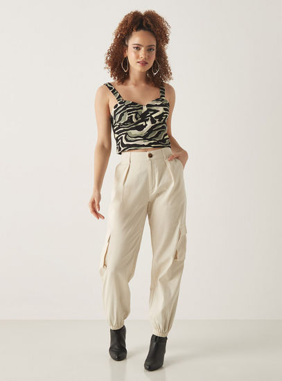 Solid Cargo Pants with Button Closure and Pockets