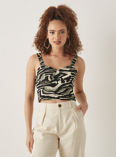 All-Over Print Sleeveless Corset Crop Top with Shirred Detail-Blouses-image-0
