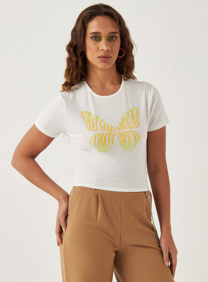 Butterfly Print T-shirt with Tie-Up Detail-T-shirts & Vests-image-0