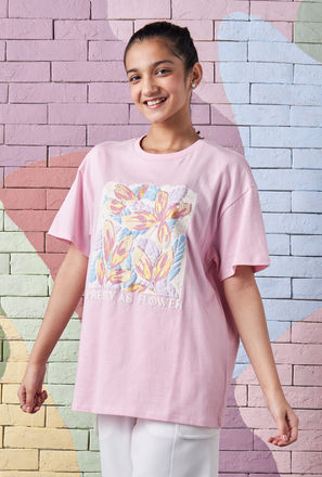 Floral Puff Print Cotton Oversized T-shirt-mxkids-girlseighttosixteenyrs-clothing-tops-tshirts-1