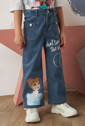 Cinderella Print Wide Leg Jeans-mxkids-girlstwotoeightyrs-clothing-character-bottoms-2