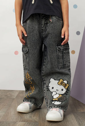 Hello Kitty Applique Wide Leg Jeans-mxkids-girlstwotoeightyrs-clothing-character-bottoms-1
