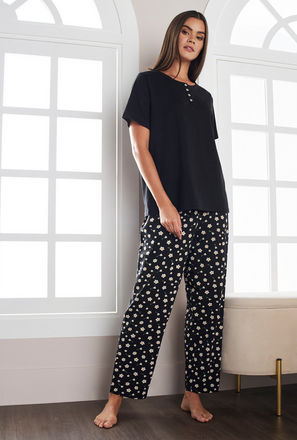Plain T-shirt and Floral Print Pyjama Set-mxwomen-clothing-nightwear-pjsets-1