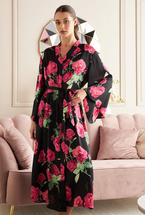 All-Over Floral Print Longline Robe with Tie-Up Belt-mxwomen-clothing-nightwear-robes-0