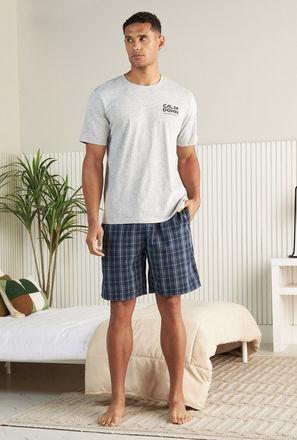 Printed T-shirt and Checked Shorts Set-mxmen-clothing-nightwear-sets-0