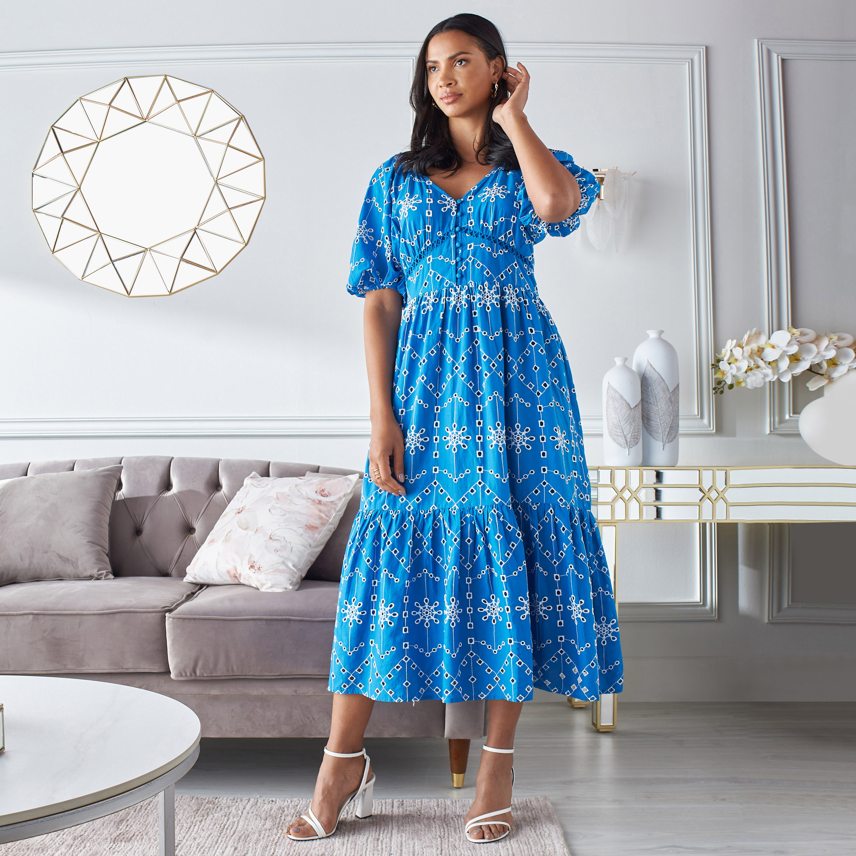 Shop All-Over Embroidered Maxi Tiered Dress with Volume Sleeves Online | Max Oman Shop All-Over Embroidered Maxi Tiered Dress with Volume Sleeves Online | Max Oman