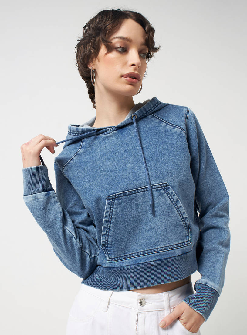 Shop Denim Hooded Sweatshirt with Kangaroo Pocket Online