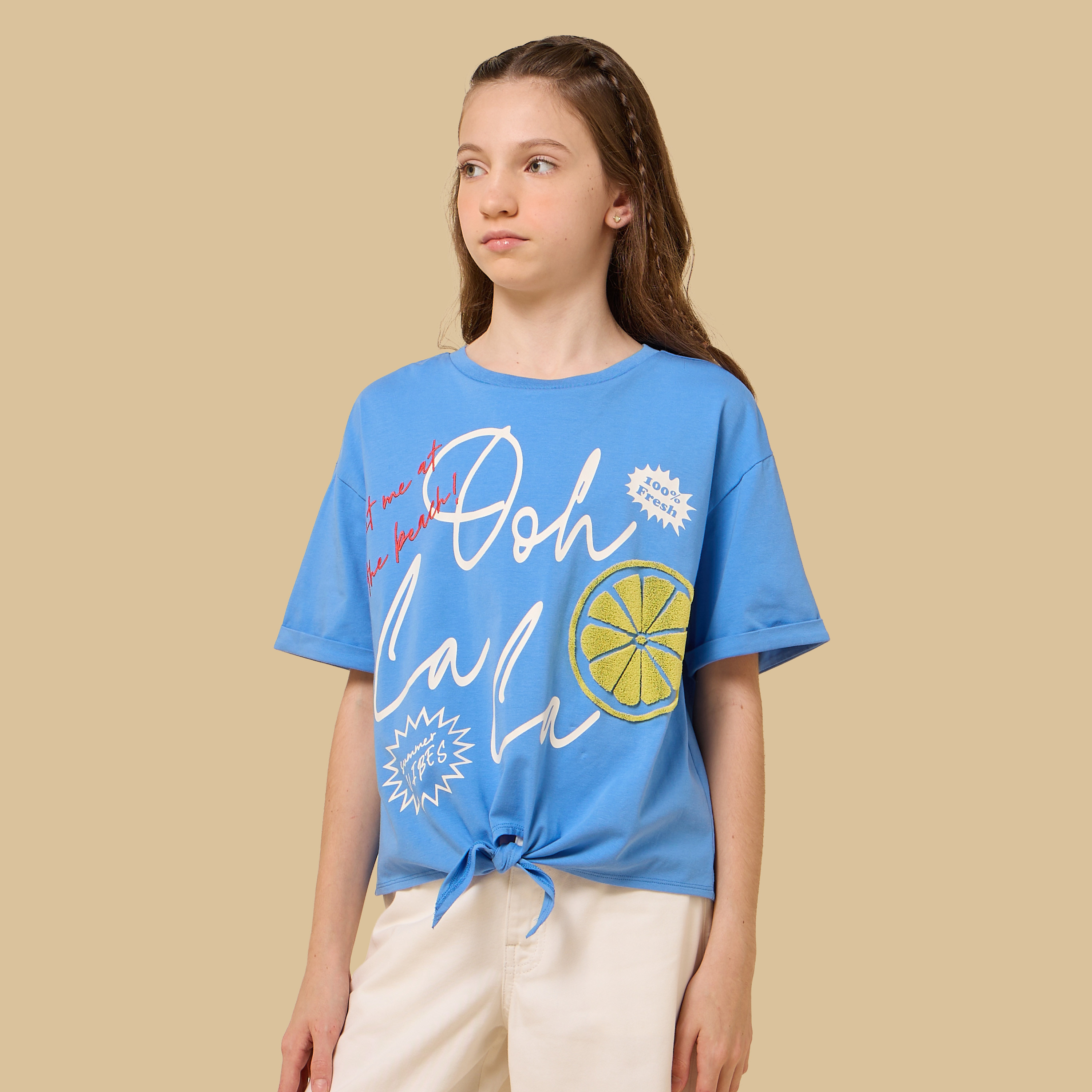 Shop Lemon Caviar Print Front Knot Cotton Top Online | Max KSA