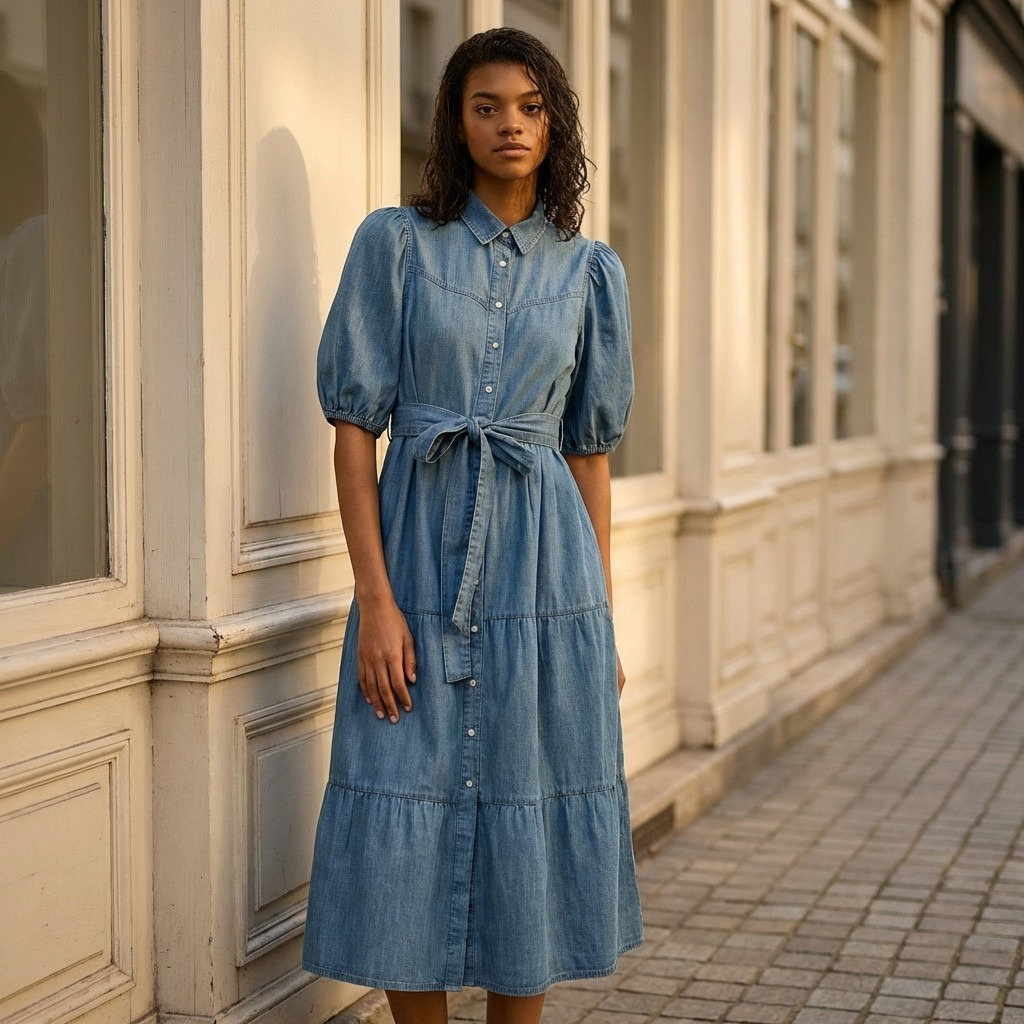 Shop Belted Tiered Denim Dress Online